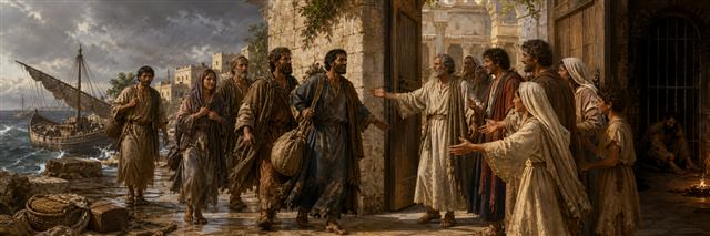Travel-worn ministers arriving from a stormy harbor as believers welcome them through broad open doors